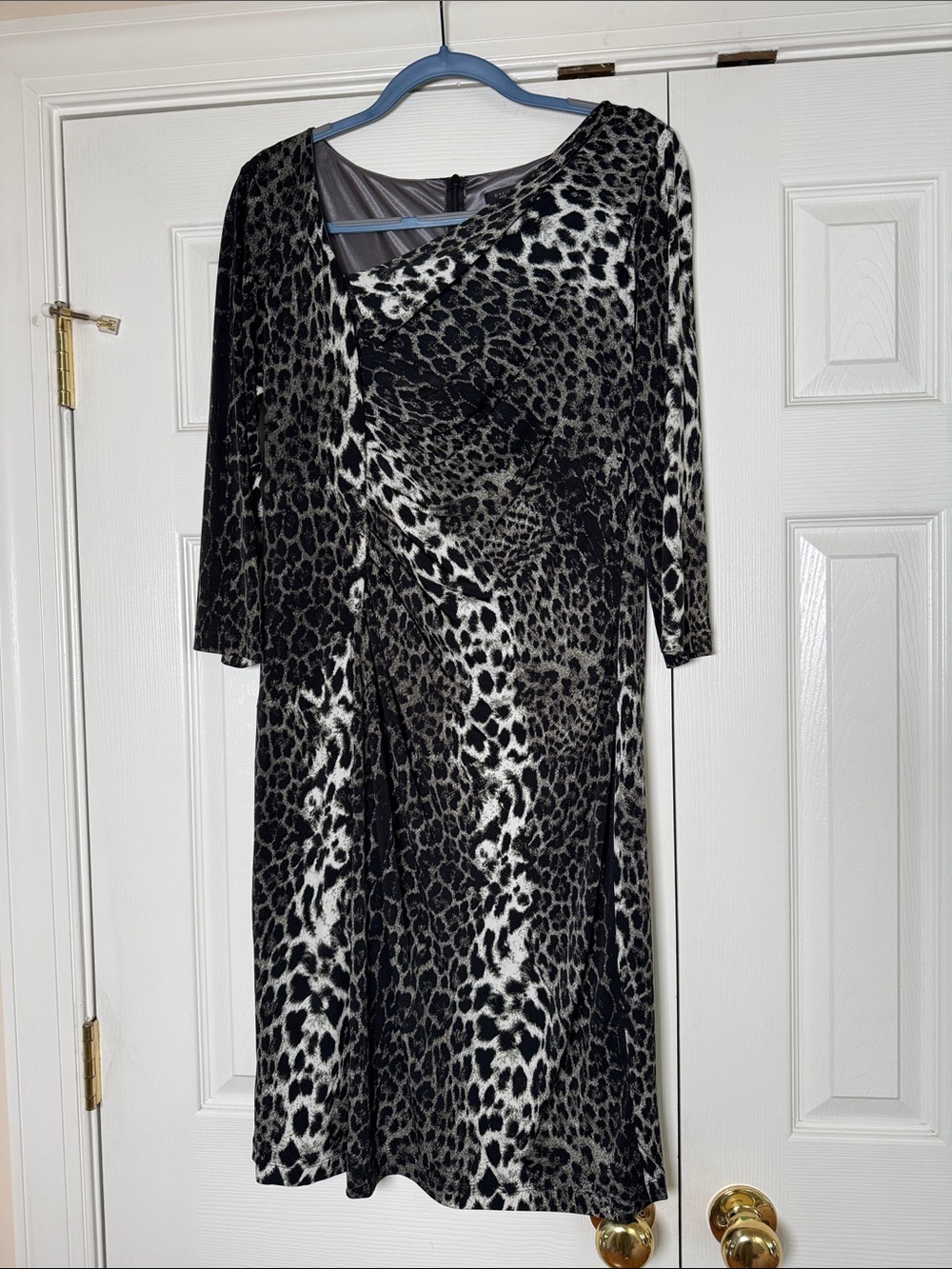 David Meister Size 12 Leopard Print Draped Ruched Jersey Sheath Dress Gray Black